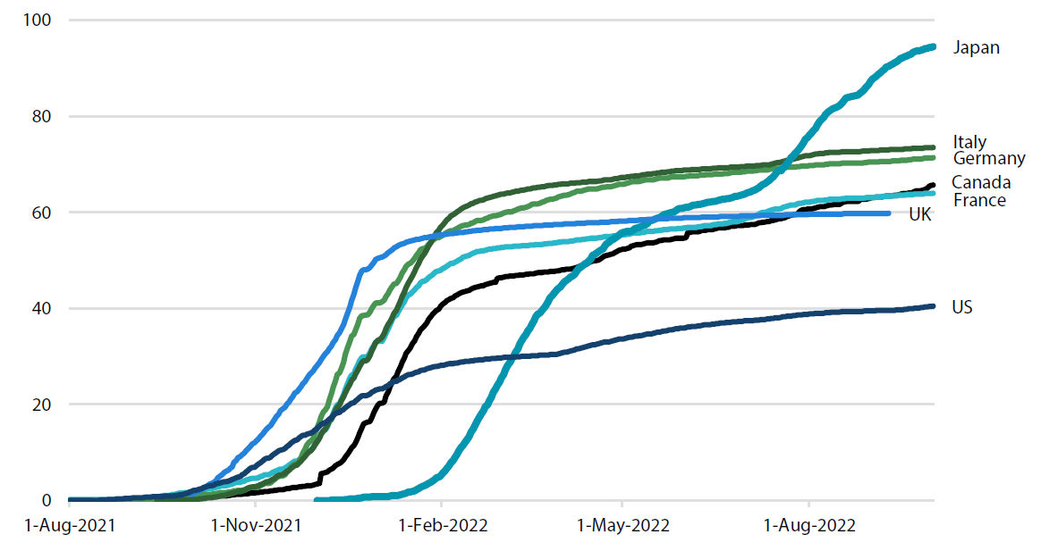 Chart 4: COVID-19 vaccine boosters administered per 100 people